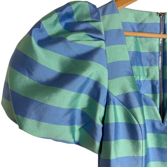 Rebecca Vallance Seychelles Blue Stripe Puff Sleeve Belted Mini Dress Size 8 - Picture 9 of 16